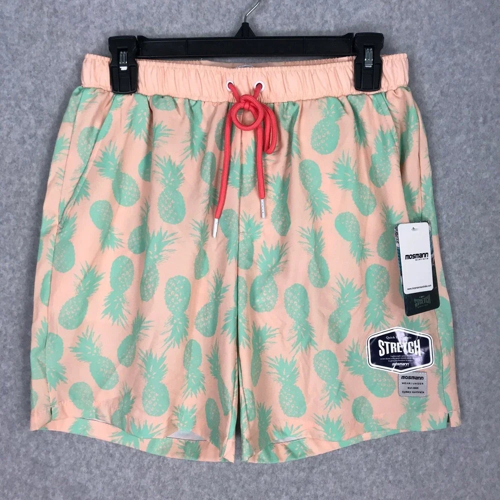 Mossman Australia Swim Trunk Small Peach Stretch Pineapple Volley Board 6 Inseam